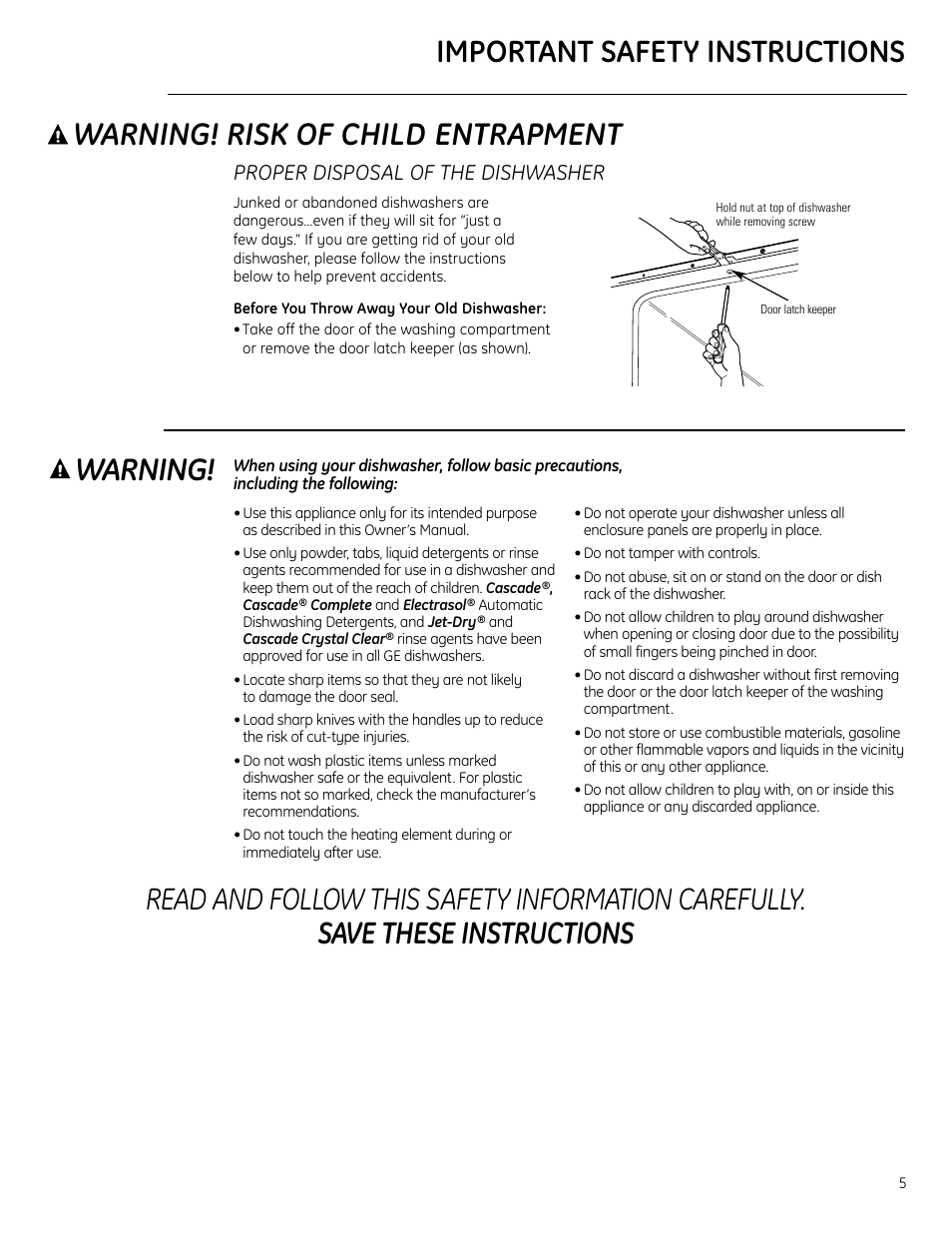 Warning! risk of child entrapment, Warning, Proper disposal of the dishwasher | GE Monogram ZBD1850 User Manual | Page 5 / 24