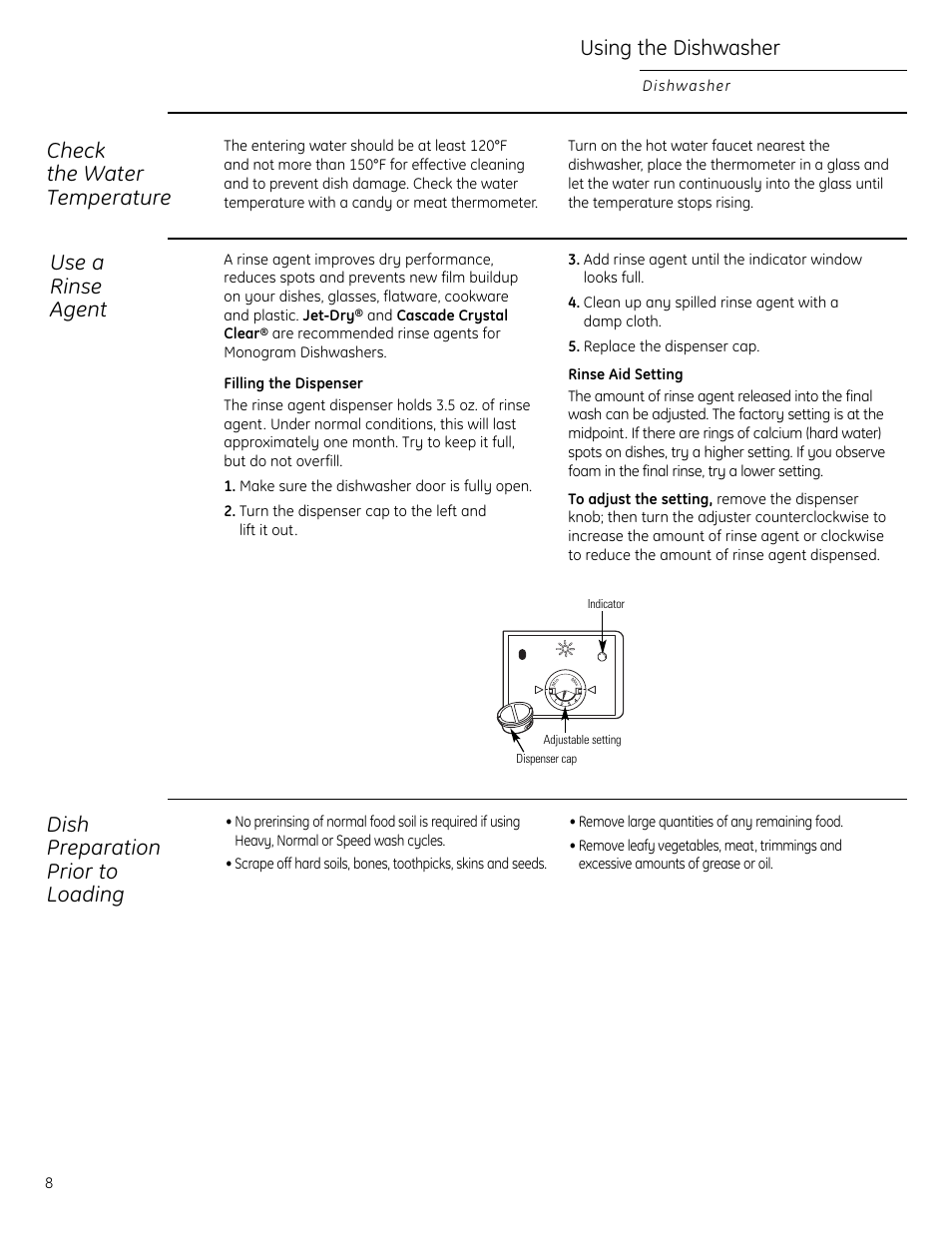 Water temperature, Rinse agent, Water temperature rinse agent | Using the dishwasher, Check the water temperature, Use a rinse agent, Dish preparation prior to loading | GE Monogram ZBD1850 User Manual | Page 8 / 24