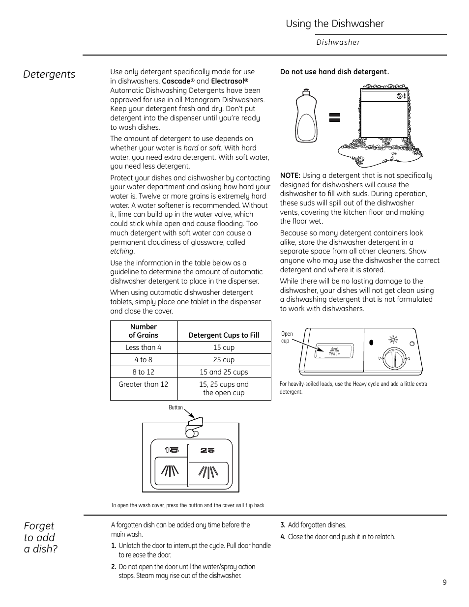 Detergents, Using the dishwasher, Forget to add a dish | GE Monogram ZBD1850 User Manual | Page 9 / 24