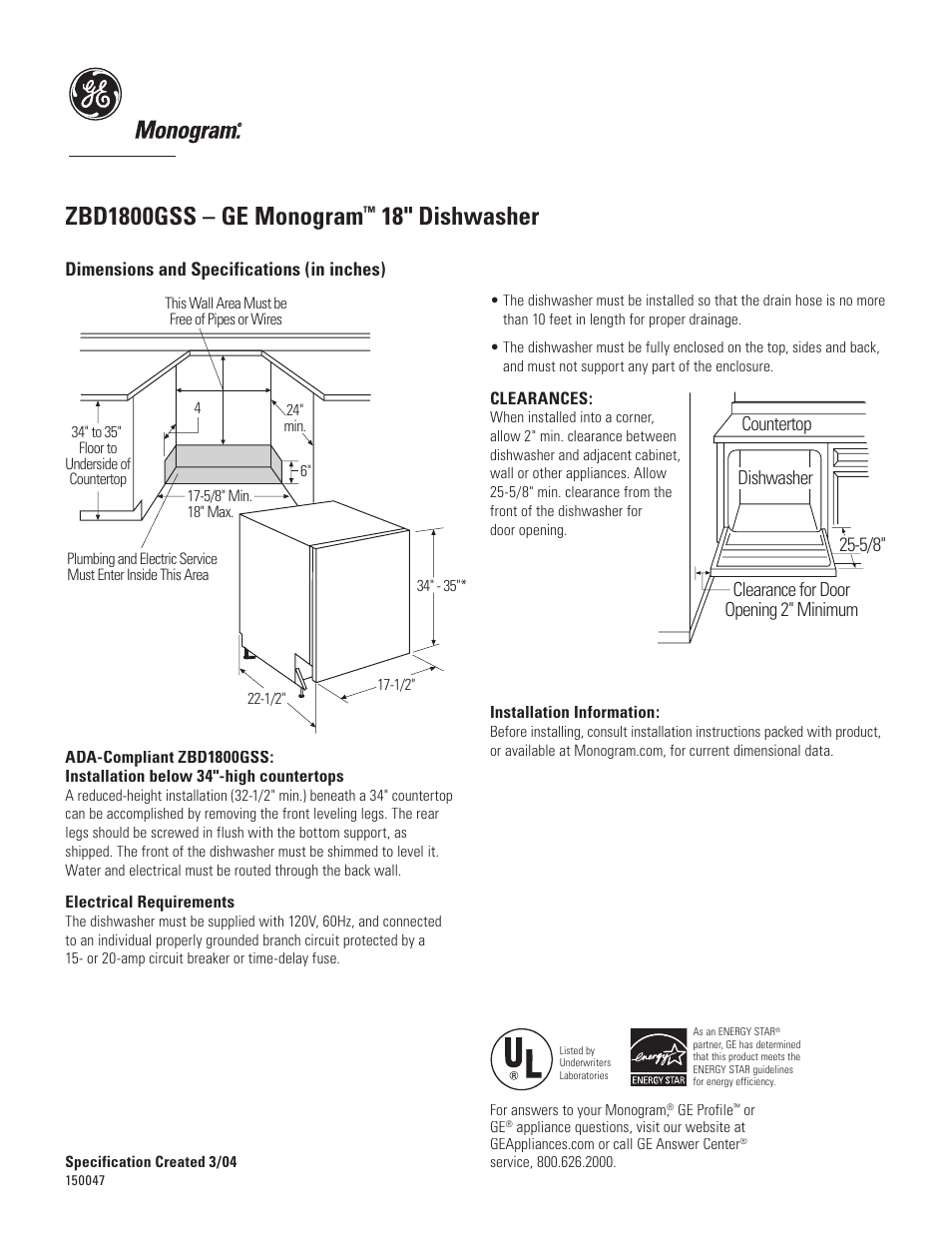 GE Monogram MONOGRAM ZBD1800GSS User Manual | 2 pages