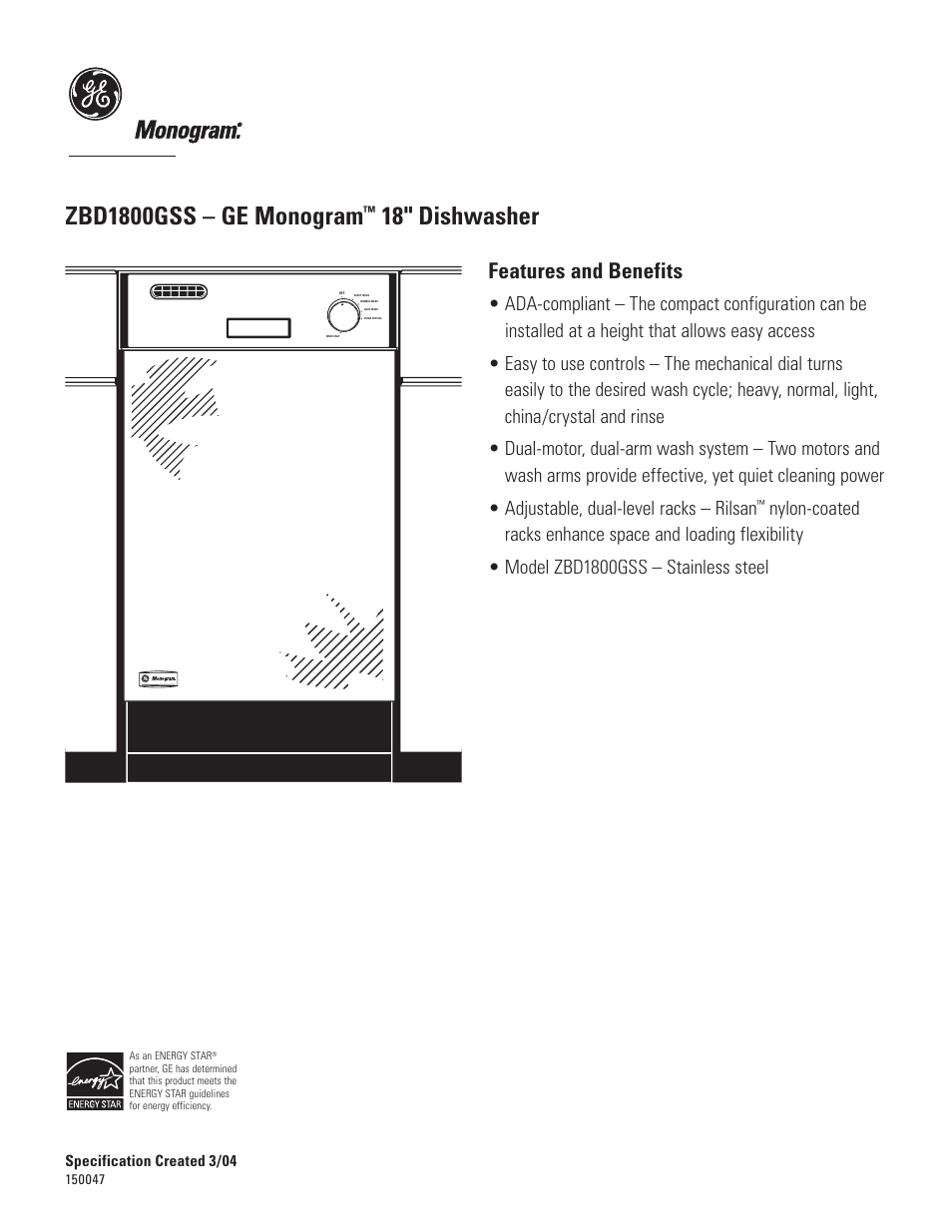 Zbd1800gss.eps, Zbd1800gss – ge monogram, 18" dishwasher | Features and benefits | GE Monogram MONOGRAM ZBD1800GSS User Manual | Page 2 / 2