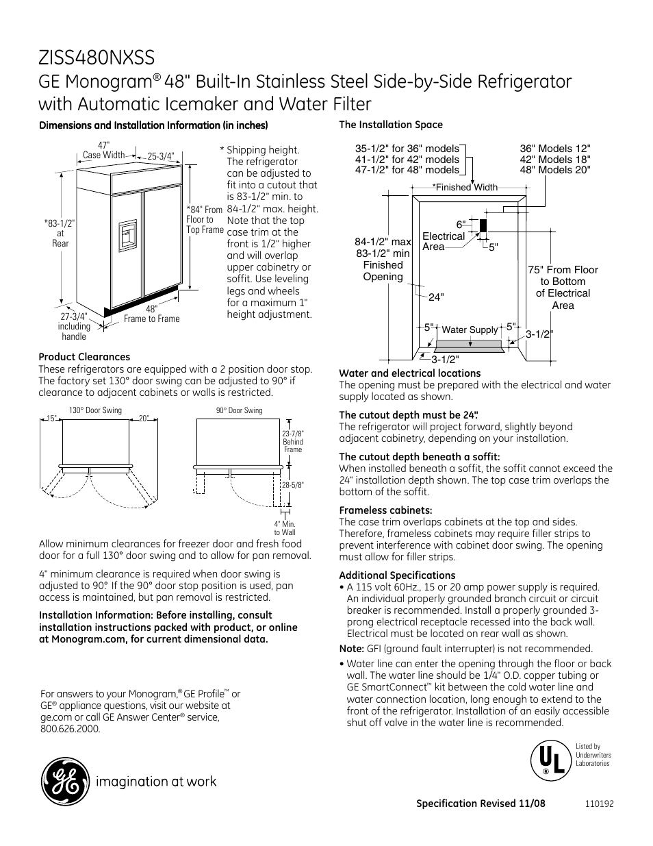 GE Monogram ZISS480NXSS User Manual | 2 pages