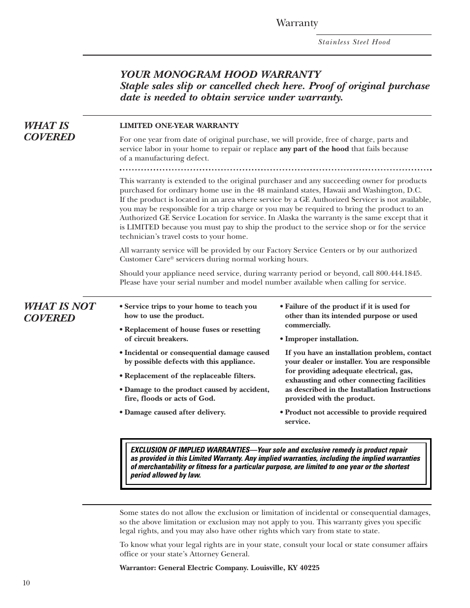 Warranty, What is not covered | GE Monogram ZV850 User Manual | Page 10 / 12