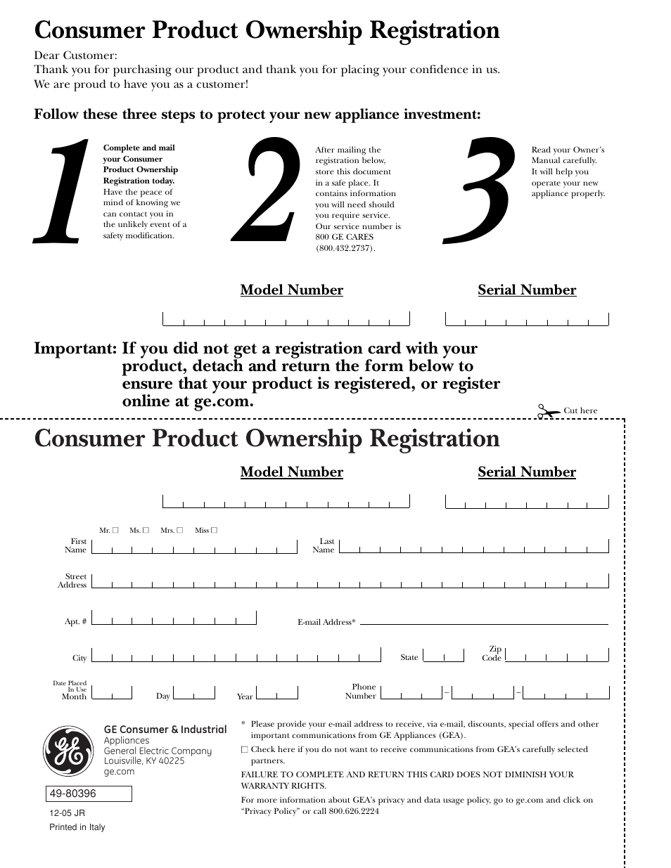Consumer product ownership registration | GE Monogram ZV850 User Manual | Page 12 / 12