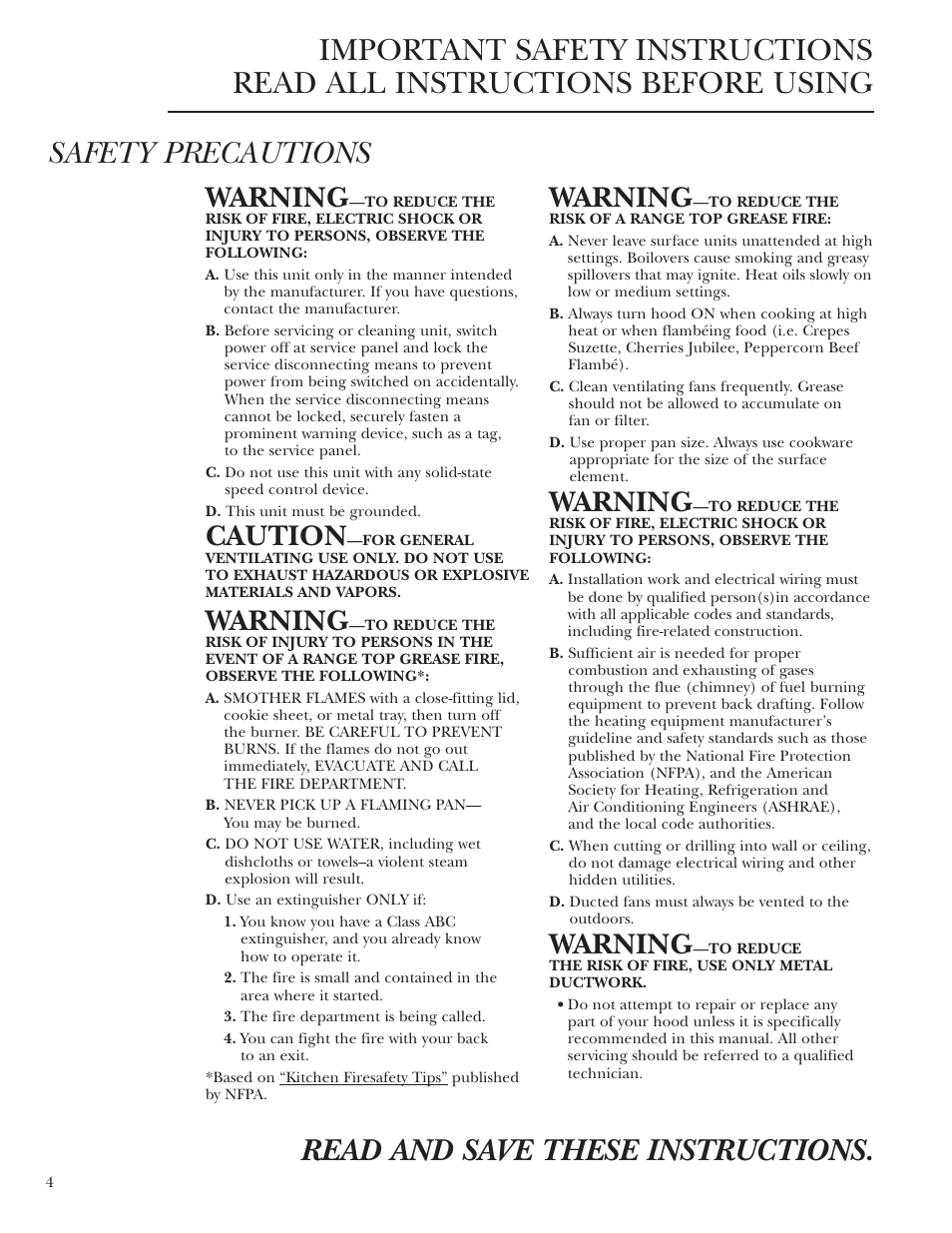 Safety instructions, Warning, Caution | GE Monogram ZV850 User Manual | Page 4 / 12
