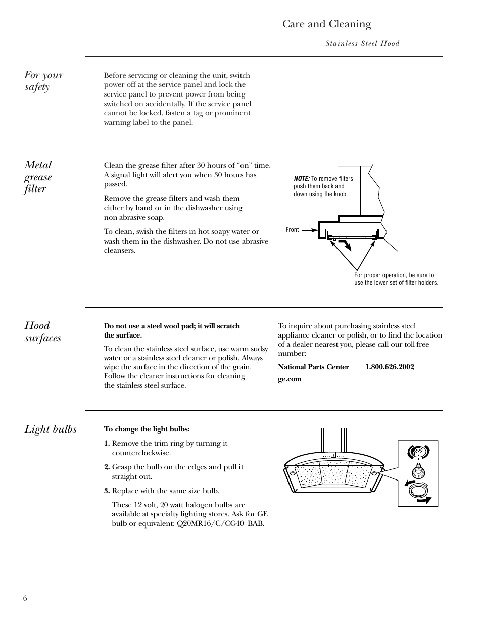 Light bulbs, Metal grease filter, Light bulbs metal grease filter | Care and cleaning, For your safety, Hood surfaces | GE Monogram ZV850 User Manual | Page 6 / 12