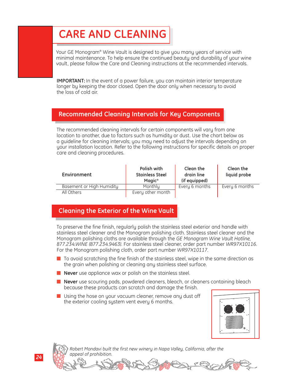 Care and cleaning, Care and cleaning –27, Recommended cleaning intervals for key components | Cleaning the exterior of the wine vault | GE Monogram Wine Vault User Manual | Page 24 / 40