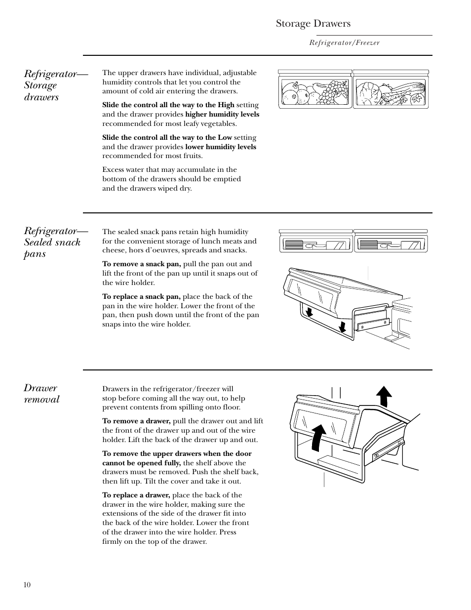 Storage drawers, Refrigerator— sealed snack pans, Drawer removal | Refrigerator— storage drawers | GE Monogram Single Door Refrigerator/Freezer User Manual | Page 10 / 20