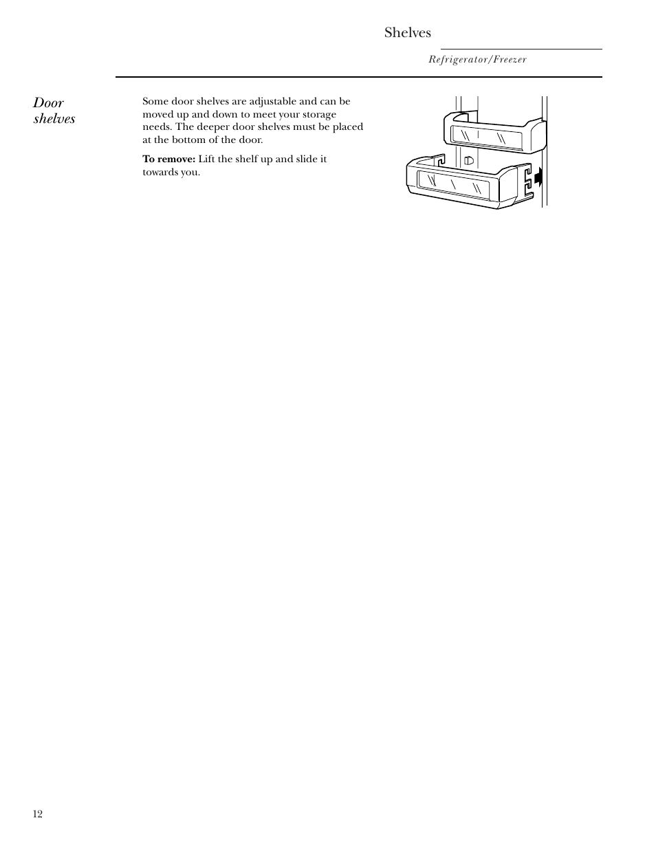 Shelves, Door shelves | GE Monogram Single Door Refrigerator/Freezer User Manual | Page 12 / 20