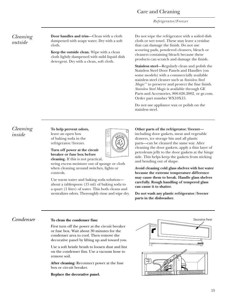 Cleaning—outside and inside, Condenser, Cleaning—outside and inside condenser | Care and cleaning, Cleaning outside, Cleaning inside | GE Monogram Single Door Refrigerator/Freezer User Manual | Page 13 / 20