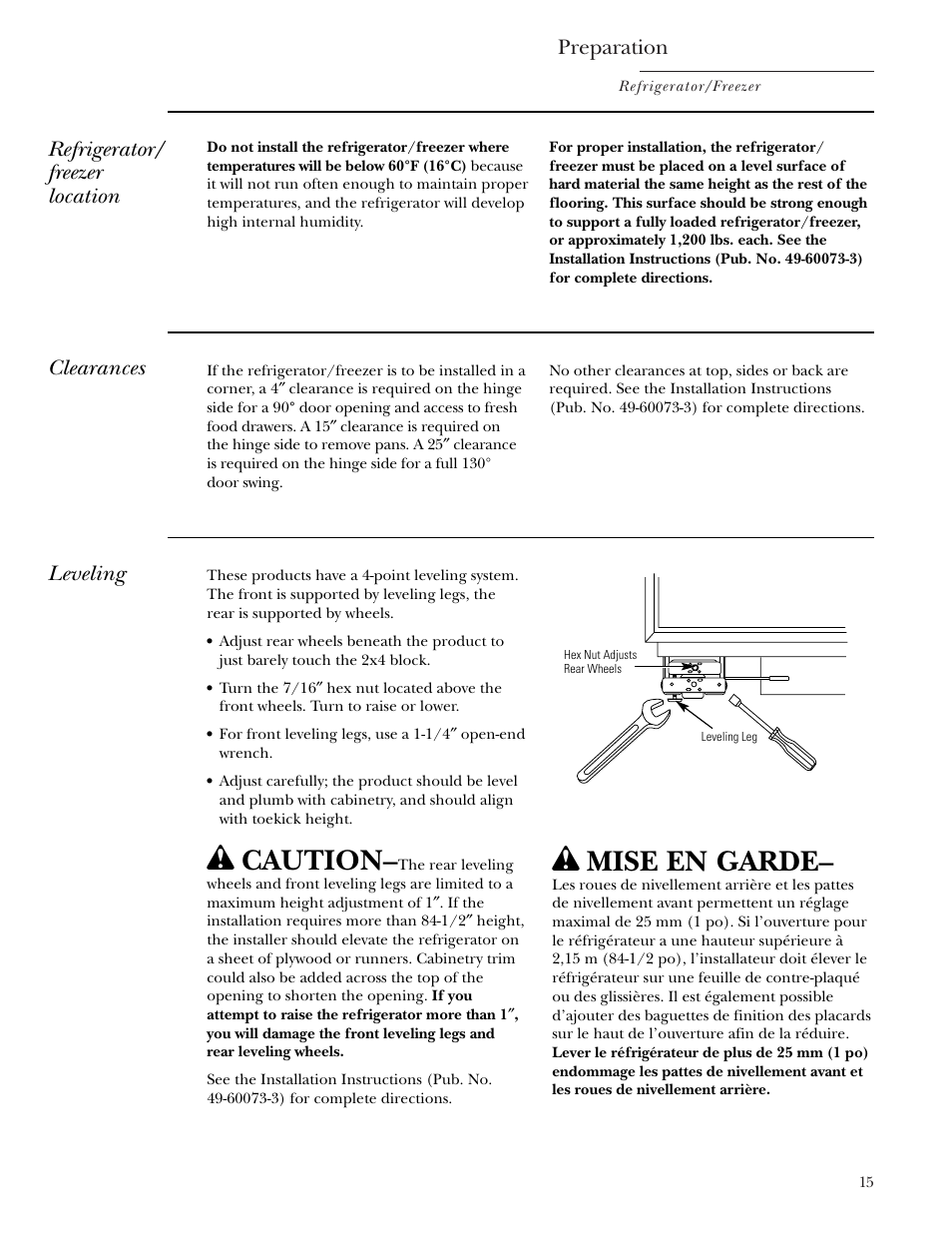 Clearances, Leveling, Location | Clearances leveling location, Caution, Mise en garde, Preparation, Refrigerator/ freezer location | GE Monogram Single Door Refrigerator/Freezer User Manual | Page 15 / 20