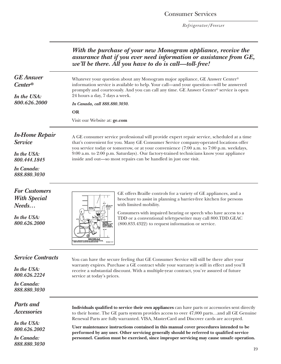 Important phone numbers, Consumer services, In-home repair service | Service contracts, Parts and accessories, For customers with special needs | GE Monogram Single Door Refrigerator/Freezer User Manual | Page 19 / 20
