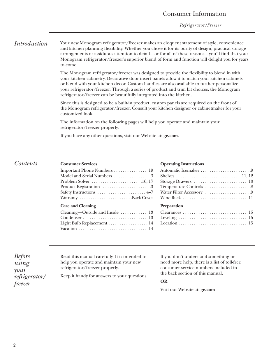 GE Monogram Single Door Refrigerator/Freezer User Manual | Page 2 / 20