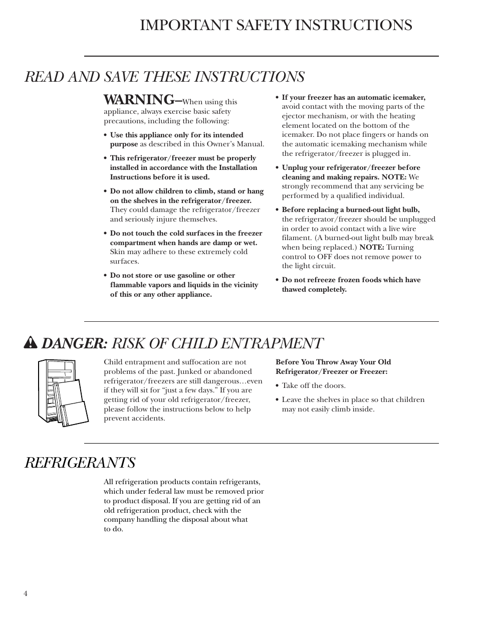 Safety instructions, Safety instructions –7, W danger: risk of child entrapment | Refrigerants, Warning | GE Monogram Single Door Refrigerator/Freezer User Manual | Page 4 / 20