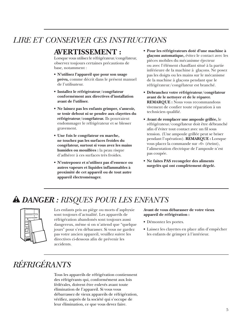 Lire et conserver ces instructions, W danger : risques pour les enfants, Réfrigérants | Avertissement | GE Monogram Single Door Refrigerator/Freezer User Manual | Page 5 / 20