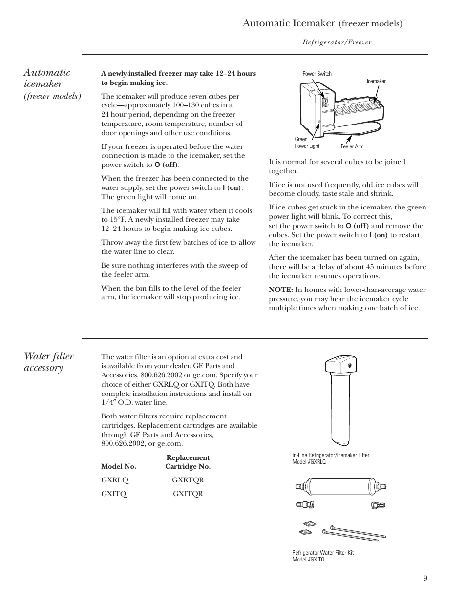 Automatic icemaker, Water filter accessory | GE Monogram Single Door Refrigerator/Freezer User Manual | Page 9 / 20