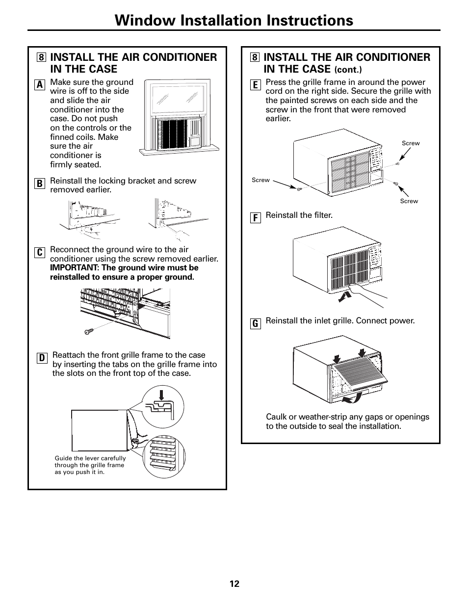 Window installation instructions | GE Monogram AEE18 User Manual | Page 12 / 16