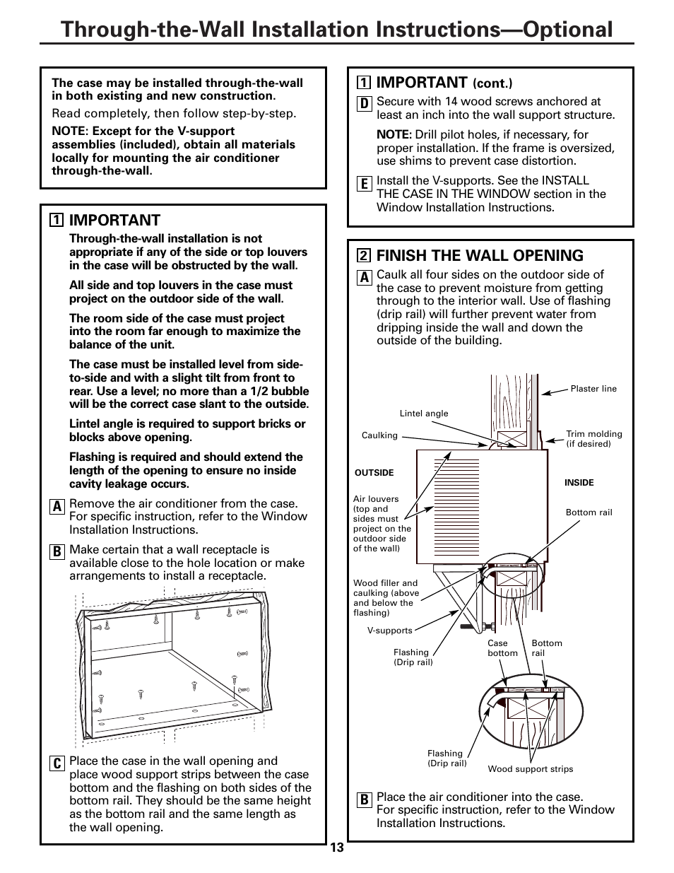 Through-the-wall installation—optional, Important, Finish the wall opening | GE Monogram AEE18 User Manual | Page 13 / 16