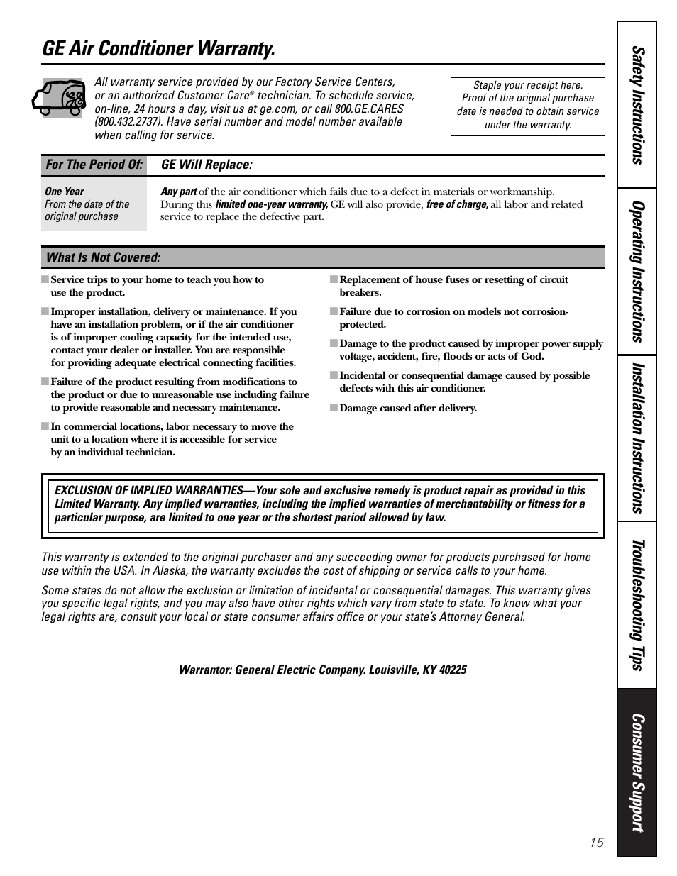 Warranty, Ge air conditioner warranty | GE Monogram AEE18 User Manual | Page 15 / 16