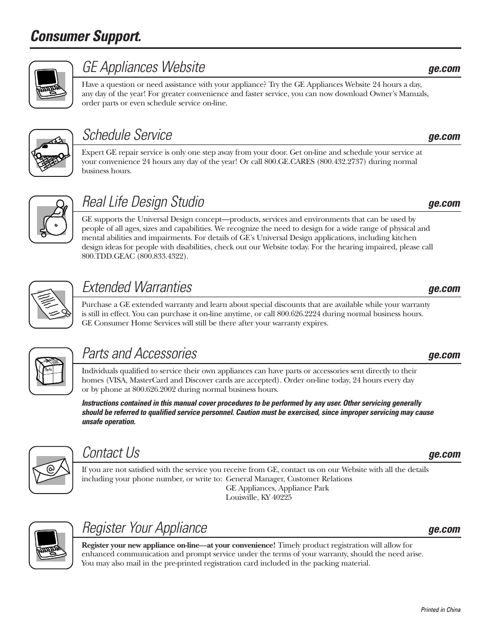 Consumer support, Consumer support. ge appliances website, Schedule service | Real life design studio, Extended warranties, Parts and accessories, Contact us, Register your appliance | GE Monogram AEE18 User Manual | Page 16 / 16