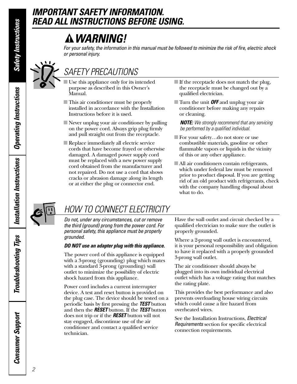 Safety instructions, Warning, Safety precautions | How to connect electricity | GE Monogram AEE18 User Manual | Page 2 / 16
