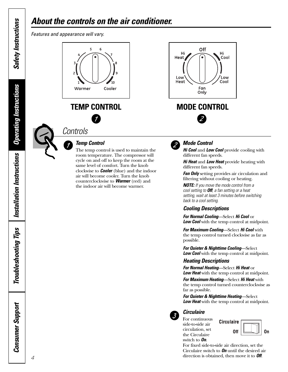 Operating instructions, Controls, About the controls on the air conditioner | Mode control temp control | GE Monogram AEE18 User Manual | Page 4 / 16