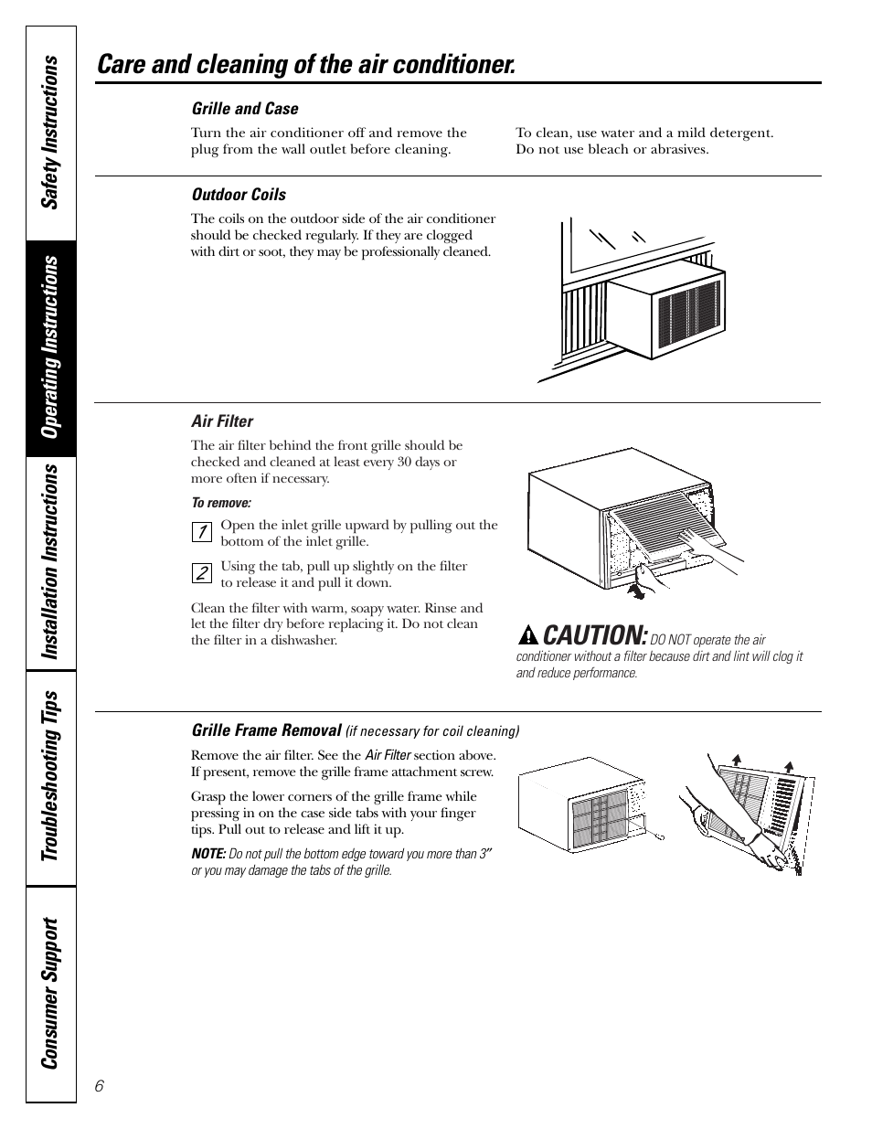 Air filter, Grille and case, Grille frame removal | Outdoor coils, Caution, Care and cleaning of the air conditioner | GE Monogram AEE18 User Manual | Page 6 / 16