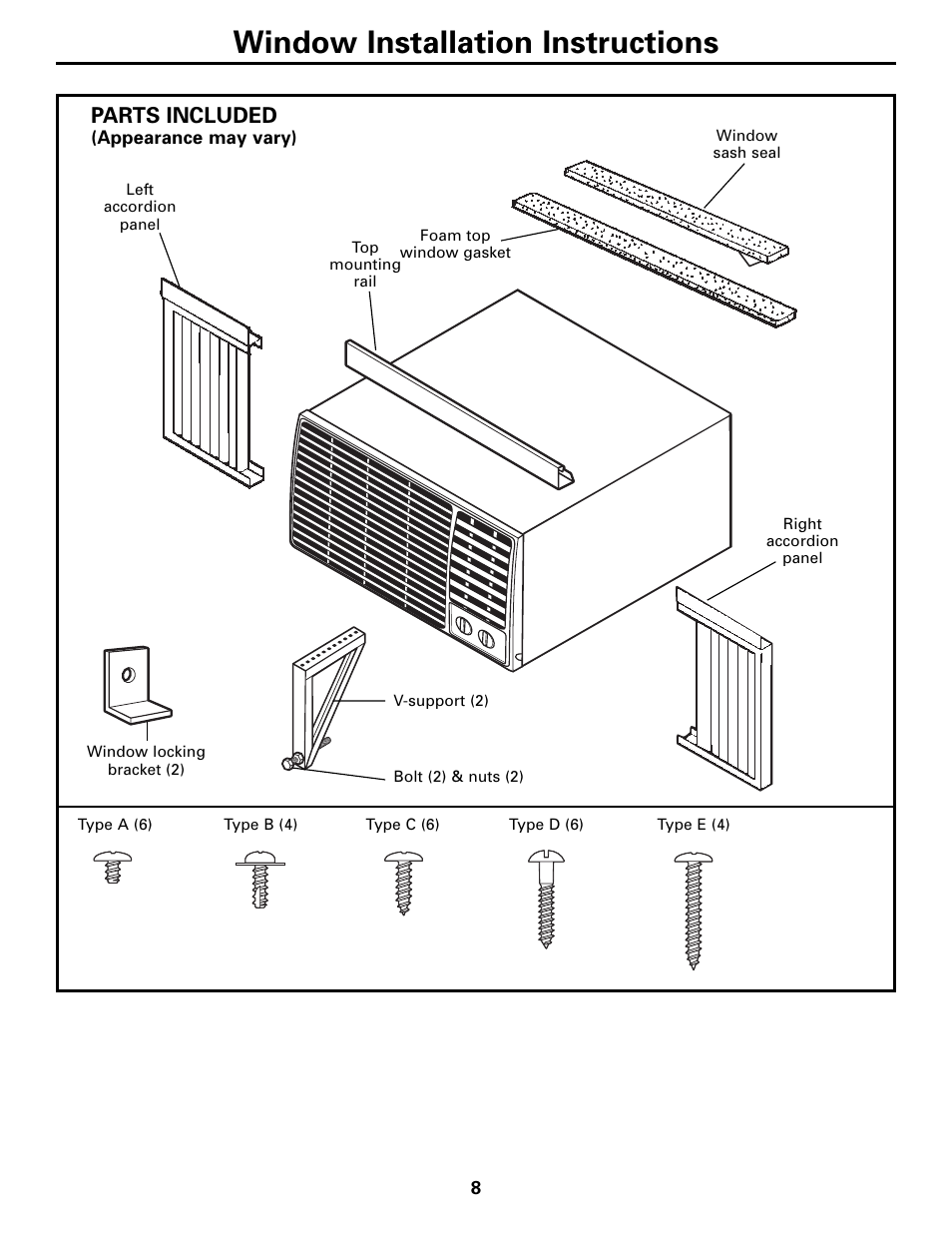 Window installation, Window installation –12, Window installation instructions | Parts included | GE Monogram AEE18 User Manual | Page 8 / 16