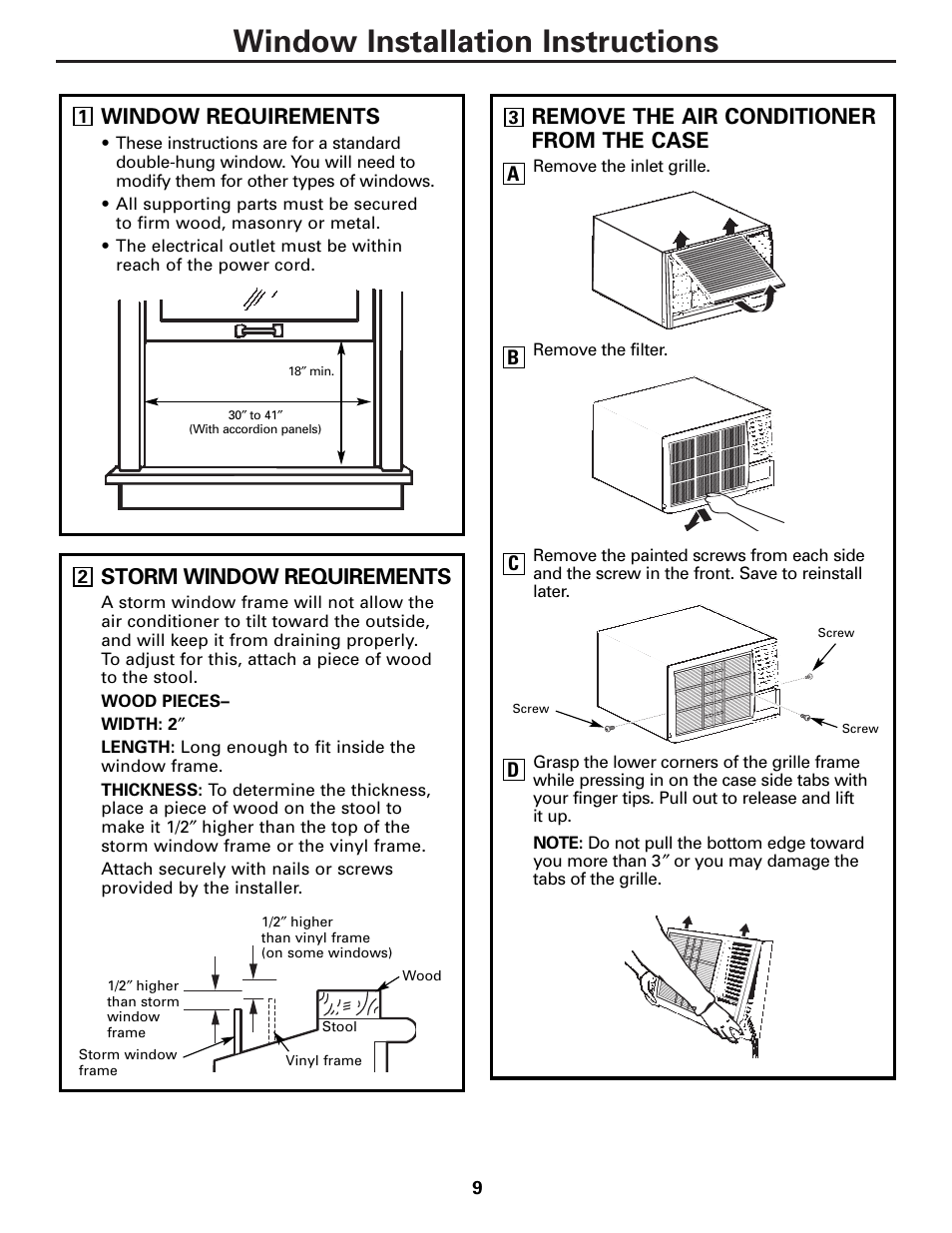 Window installation instructions, Window requirements, Remove the air conditioner from the case | Storm window requirements, Dc b a | GE Monogram AEE18 User Manual | Page 9 / 16