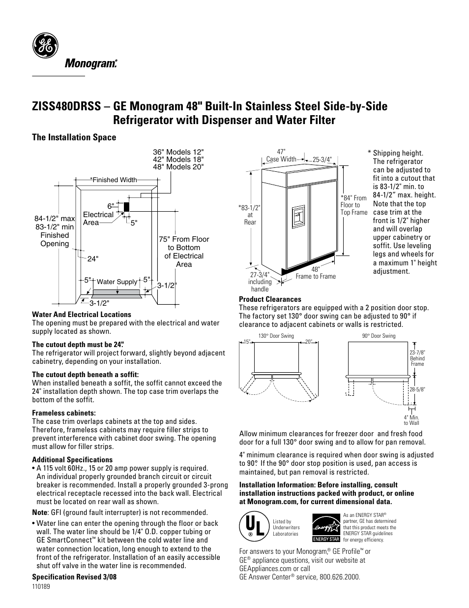 GE Monogram ZISS480DRSS User Manual | 2 pages