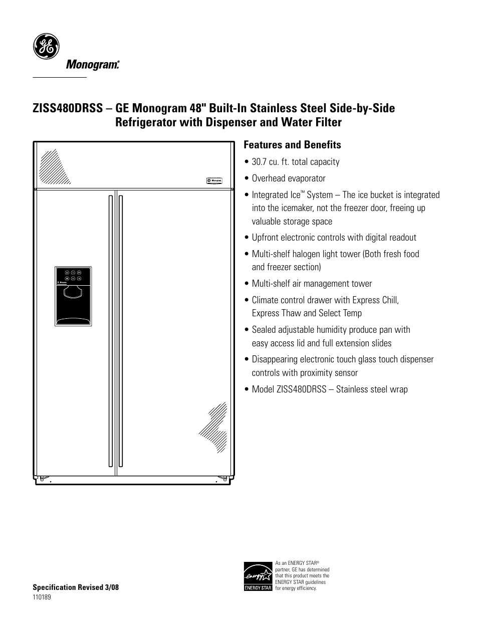 Ziss480drss, Features and benefits | GE Monogram ZISS480DRSS User Manual | Page 2 / 2