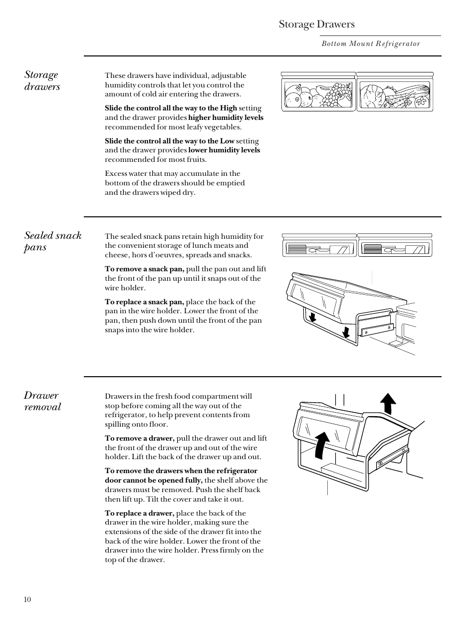 Storage drawers, Sealed snack pans, Drawer removal | GE Monogram Bottom Mount Built-In Refrigerators User Manual | Page 10 / 24