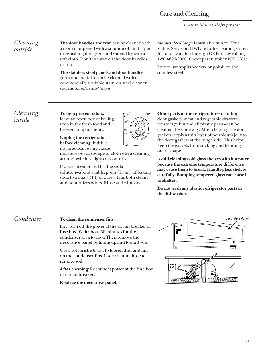 Cleaning—outside and inside, Condenser, Cleaning—outside and inside condenser | Care and cleaning, Cleaning outside, Cleaning inside | GE Monogram Bottom Mount Built-In Refrigerators User Manual | Page 13 / 24