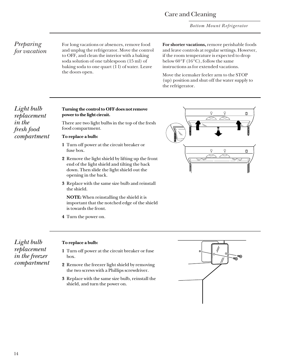 Light bulb replacement, Vacation, Light bulb replacement vacation | Care and cleaning, Preparing for vacation, Light bulb replacement in the freezer compartment | GE Monogram Bottom Mount Built-In Refrigerators User Manual | Page 14 / 24