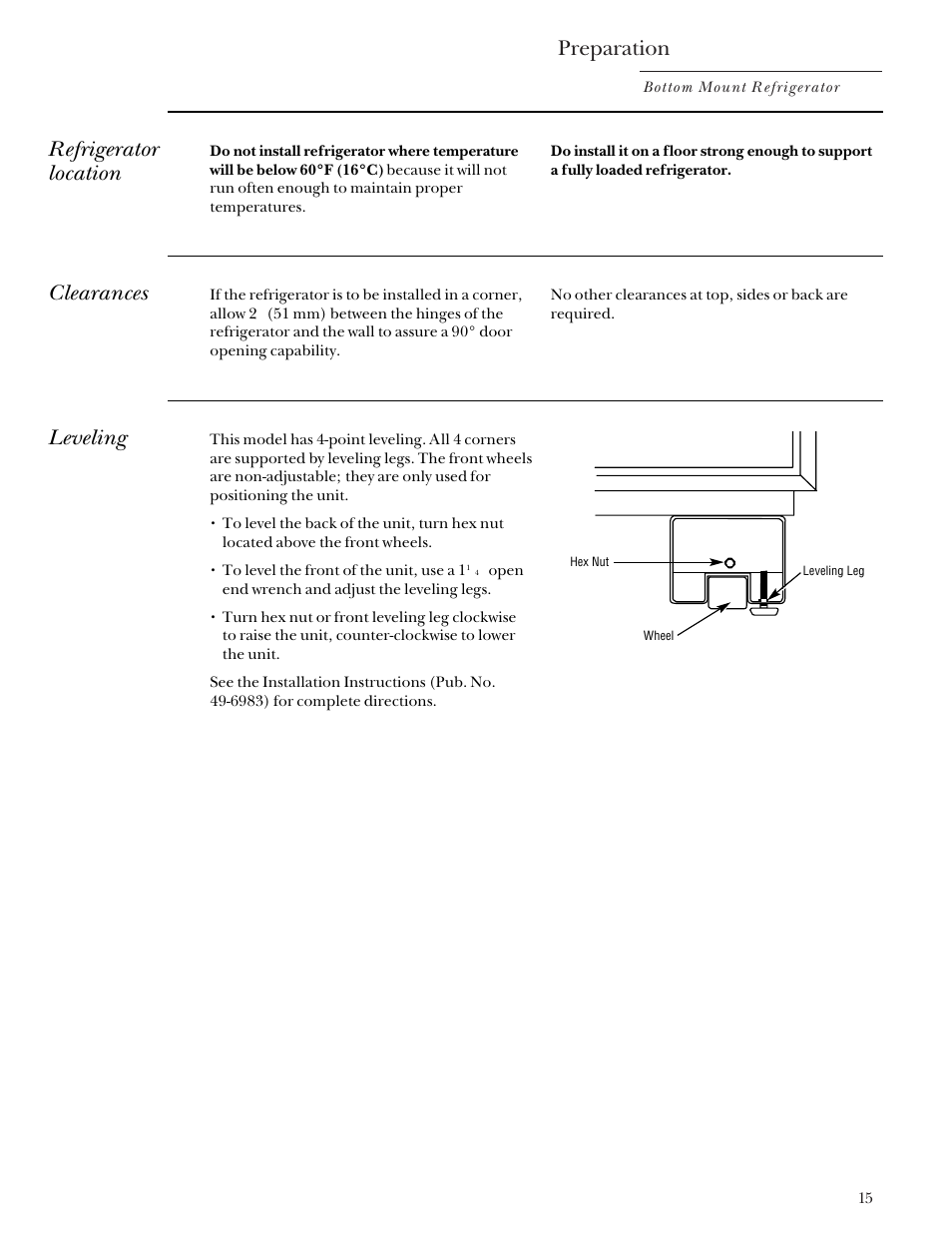 Clearances, Leveling, Location | Clearances leveling location, Preparation, Refrigerator location | GE Monogram Bottom Mount Built-In Refrigerators User Manual | Page 15 / 24
