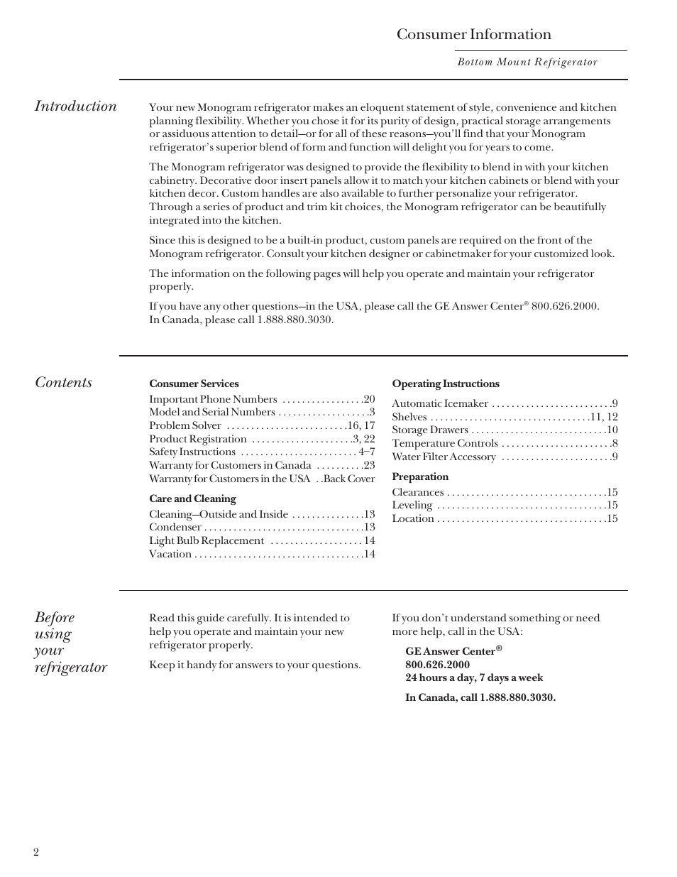 GE Monogram Bottom Mount Built-In Refrigerators User Manual | Page 2 / 24