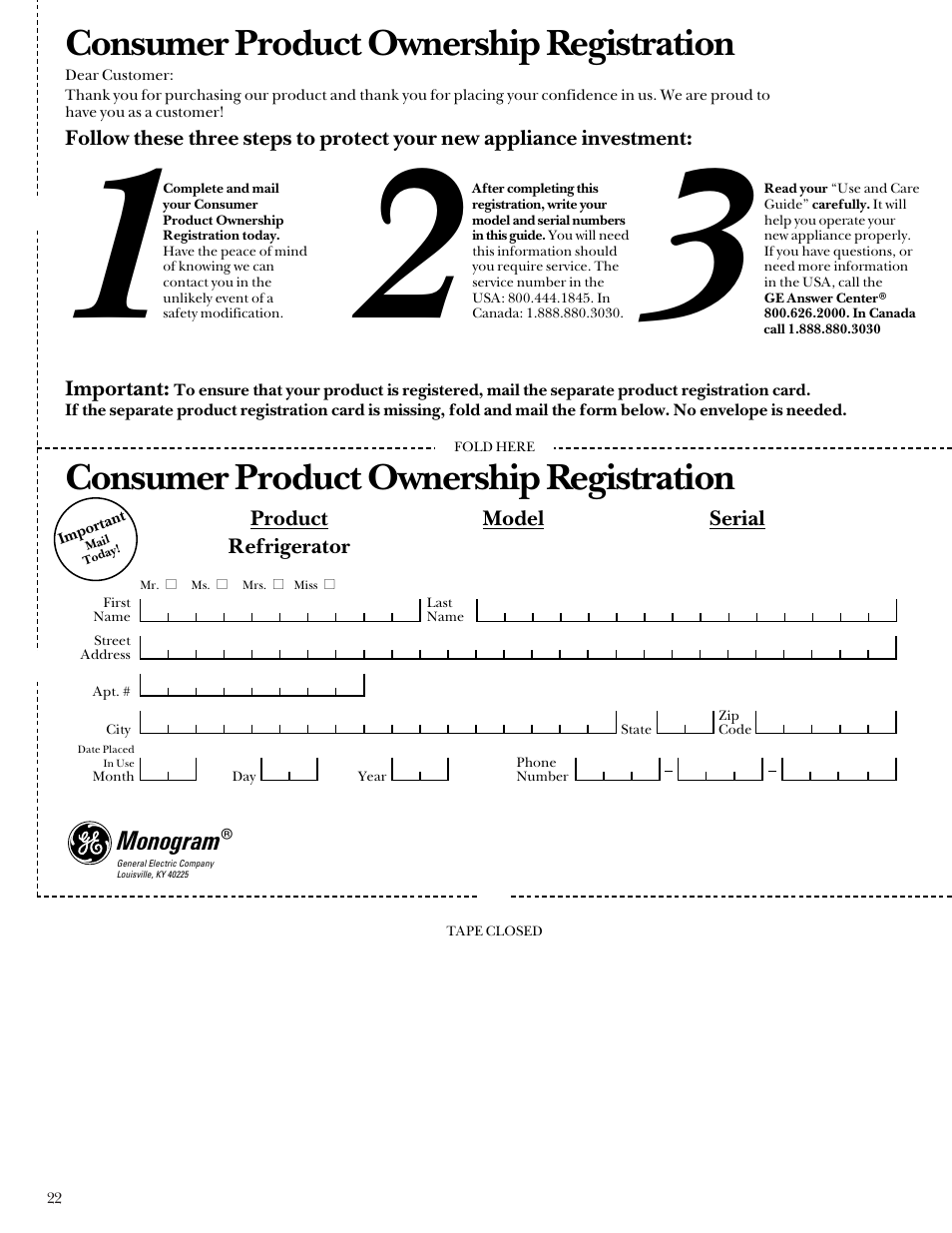Consumer product ownership registration | GE Monogram Bottom Mount Built-In Refrigerators User Manual | Page 22 / 24