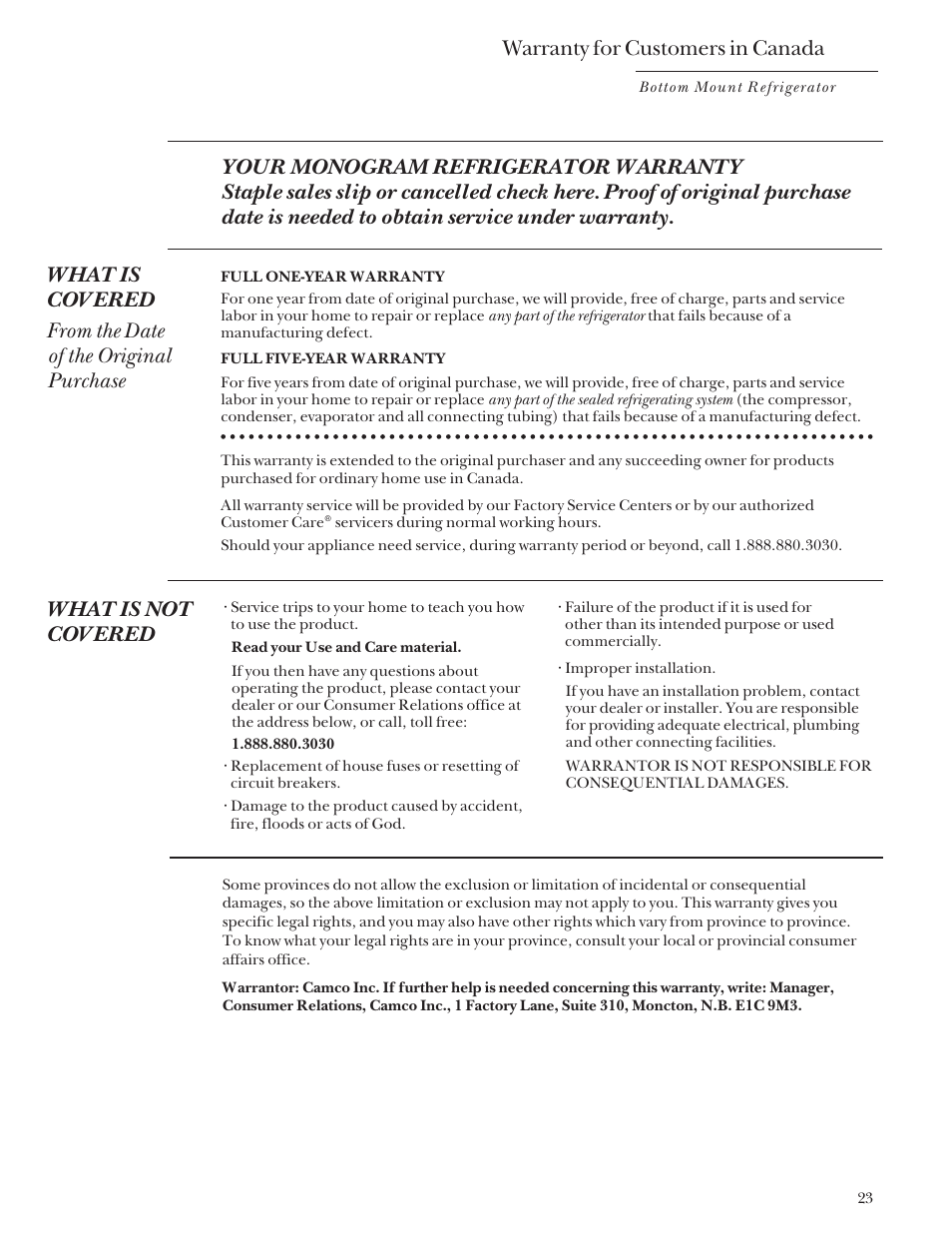 Warranty for customers in canada, What is not covered | GE Monogram Bottom Mount Built-In Refrigerators User Manual | Page 23 / 24