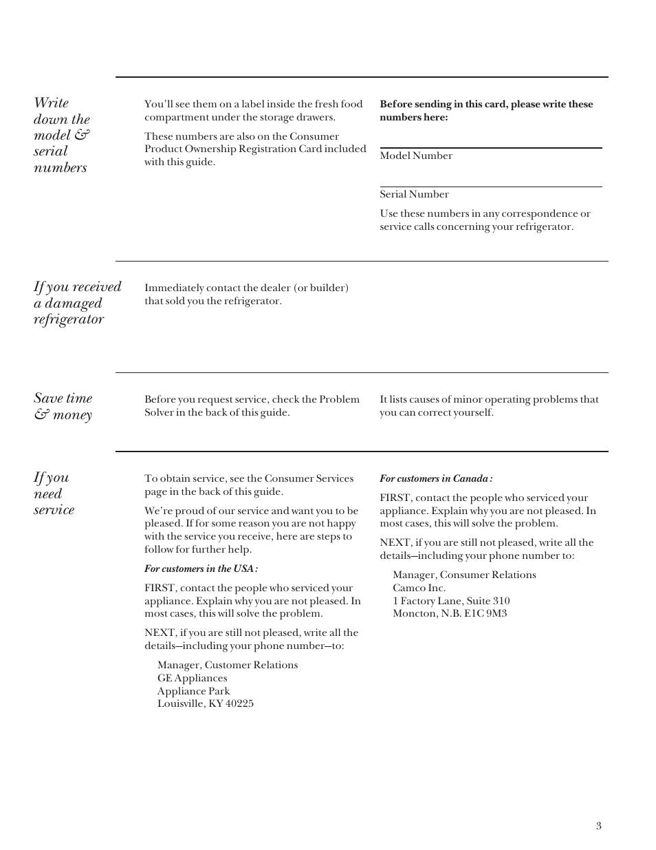 Model and serial numbers, Product registration, Product registration , 22 | Write down the model & serial numbers, If you received a damaged refrigerator, Save time & money, If you need service | GE Monogram Bottom Mount Built-In Refrigerators User Manual | Page 3 / 24