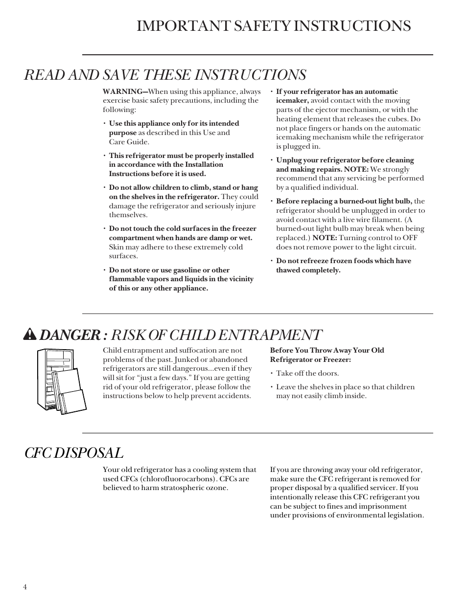 Safety instructions, Safety instructions –7, W danger: risk of child entrapment | Cfc disposal | GE Monogram Bottom Mount Built-In Refrigerators User Manual | Page 4 / 24