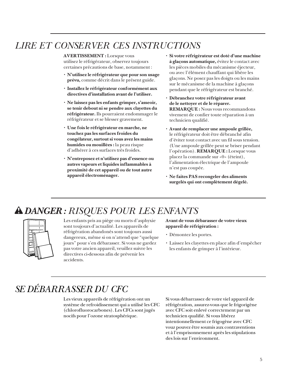 Lire et conserver ces instructions, W danger: risques pour les enfants, Se débarrasser du cfc | GE Monogram Bottom Mount Built-In Refrigerators User Manual | Page 5 / 24