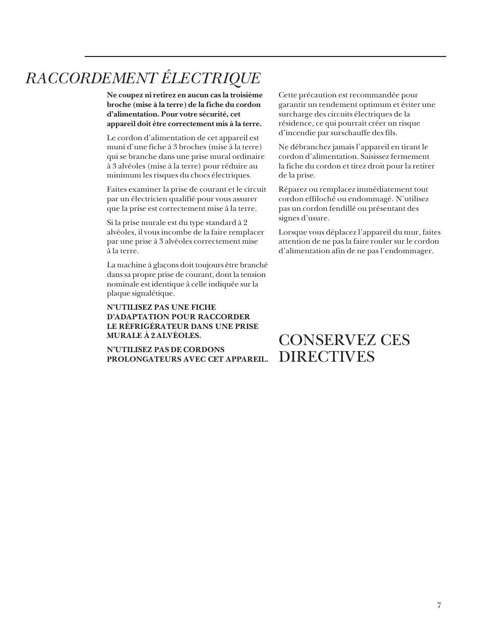 Raccordement électrique, Conservez ces directives | GE Monogram Bottom Mount Built-In Refrigerators User Manual | Page 7 / 24