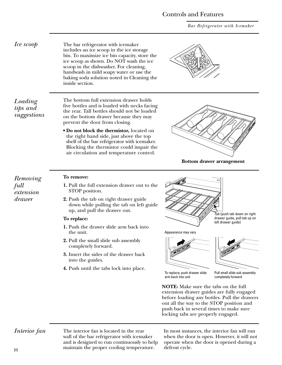 Controls and features, Loading tips and suggestions, Removing full extension drawer | Interior fan ice scoop | GE Monogram ZIBS240 User Manual | Page 10 / 20