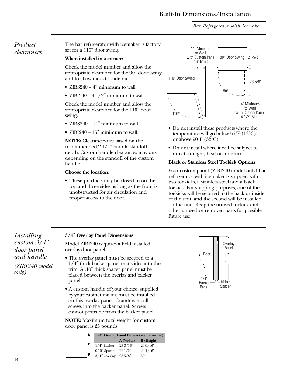 Installation instructions, Installation instructions , 15, Product clearances | Built-in dimensions/installation, Installing custom 3/4 ″ door panel and handle | GE Monogram ZIBS240 User Manual | Page 14 / 20