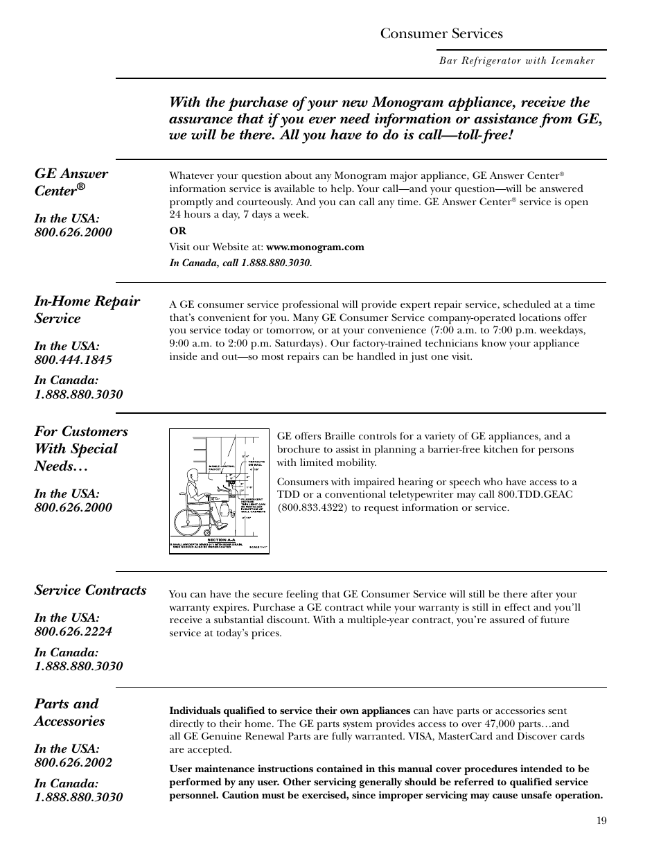 Consumer services, Repair service, Repair service , 19 | In-home repair service, Service contracts, Parts and accessories, For customers with special needs | GE Monogram ZIBS240 User Manual | Page 19 / 20