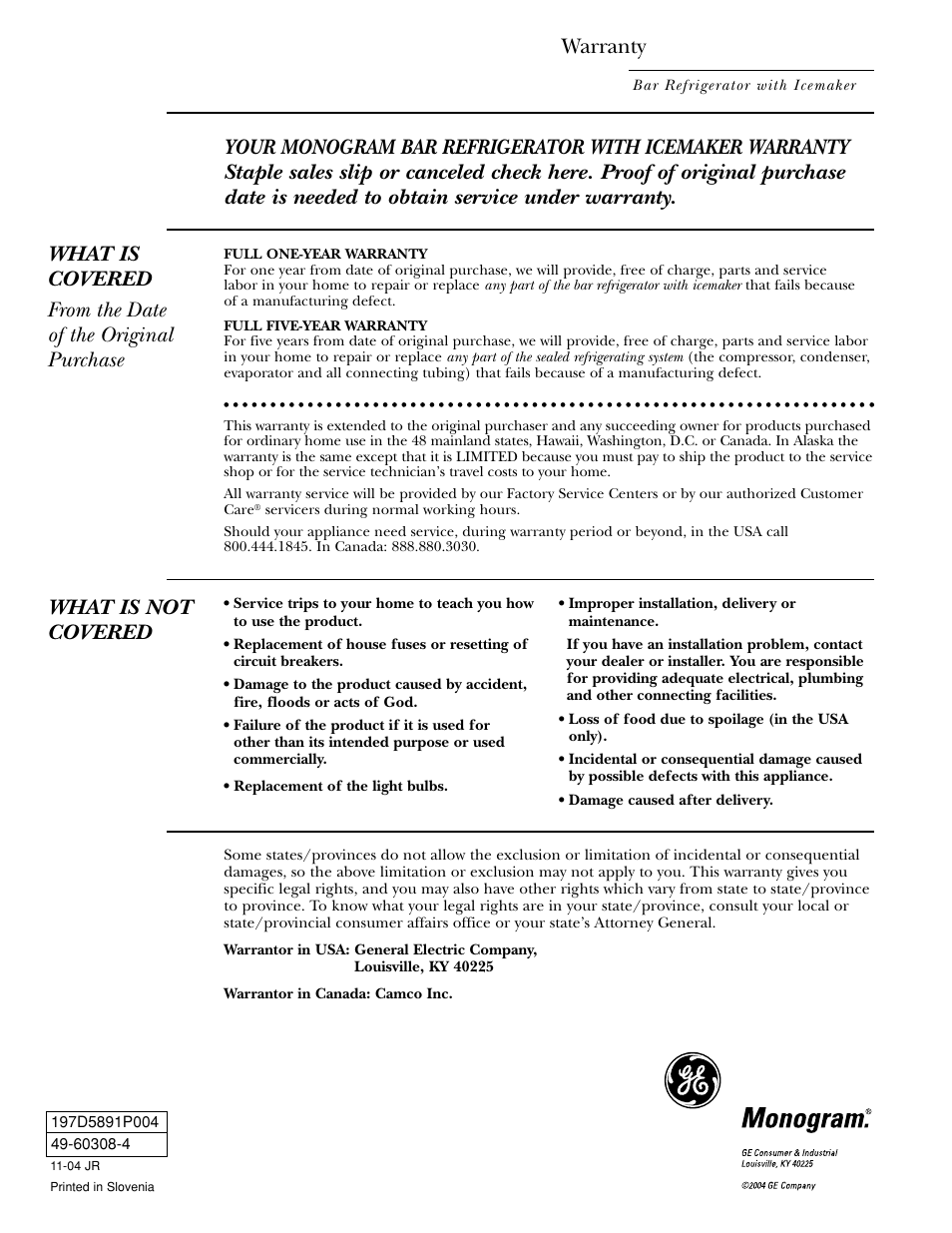 Warranty, What is not covered | GE Monogram ZIBS240 User Manual | Page 20 / 20
