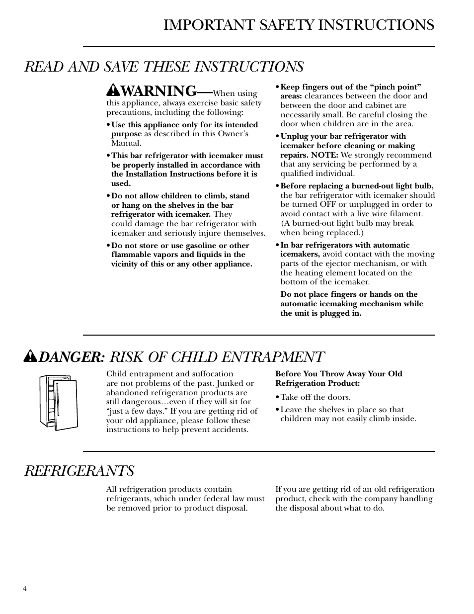 Safety instructions, Safety instructions –7, Refrigerants | W warning, W danger: risk of child entrapment | GE Monogram ZIBS240 User Manual | Page 4 / 20
