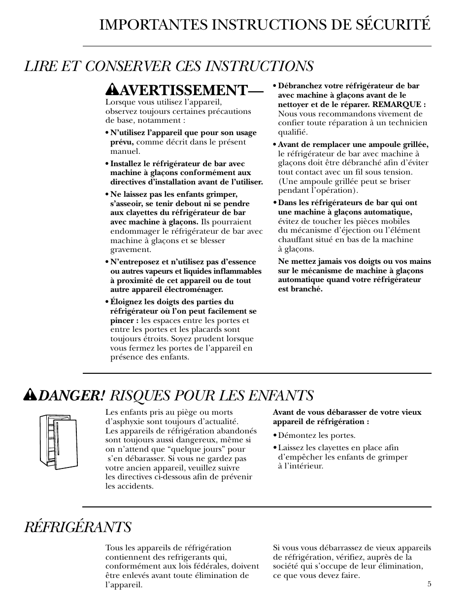 W danger! risques pour les enfants, Réfrigérants, W avertissement | GE Monogram ZIBS240 User Manual | Page 5 / 20