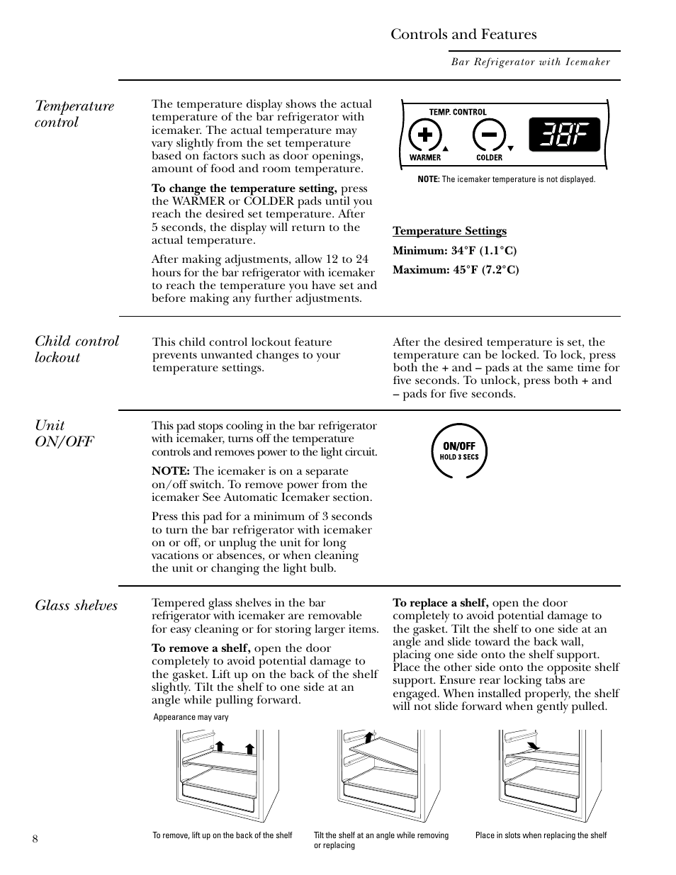Controls and features, Controls and features –10, Unit on/off | Temperature control, Glass shelves, Child control lockout | GE Monogram ZIBS240 User Manual | Page 8 / 20