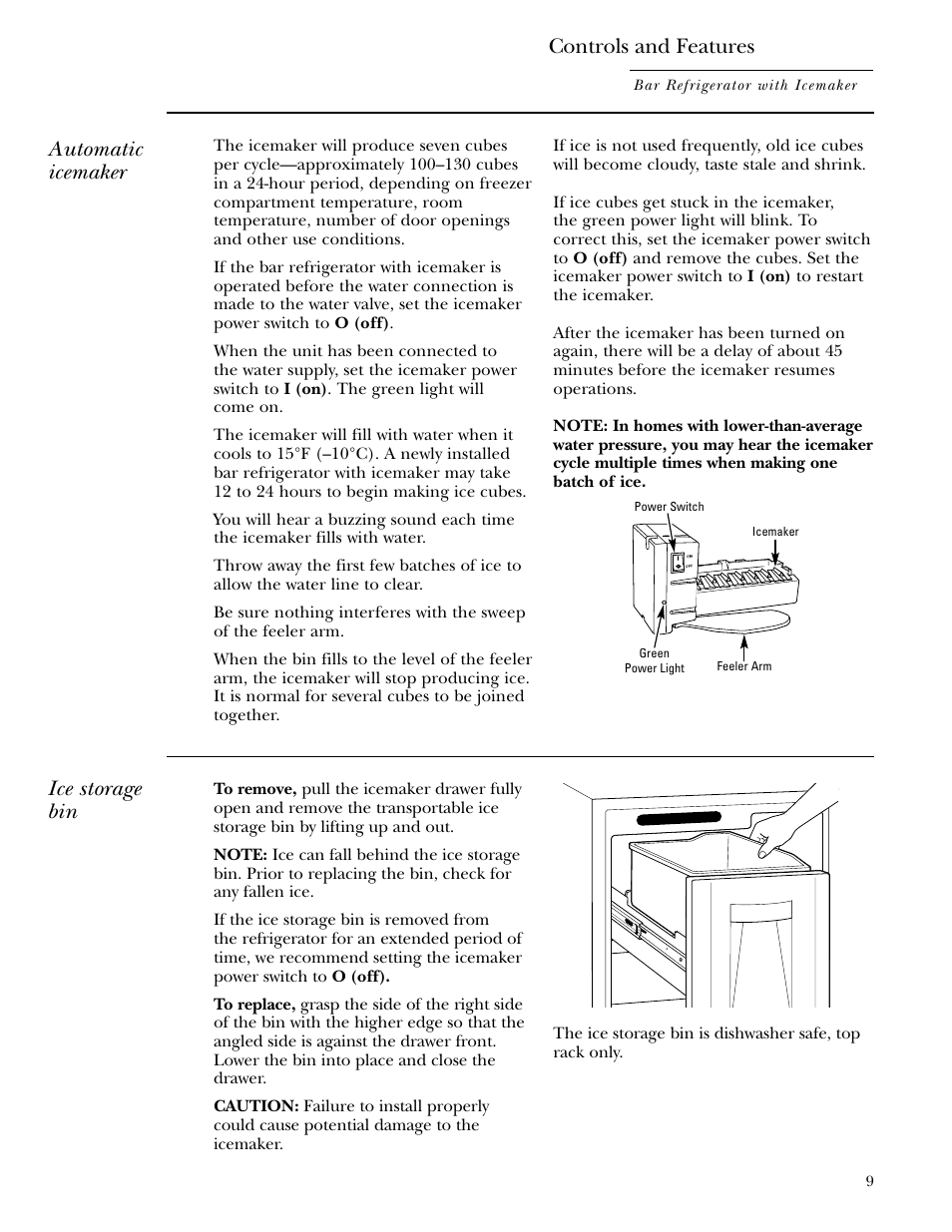 Controls and features, Automatic icemaker, Ice storage bin | GE Monogram ZIBS240 User Manual | Page 9 / 20